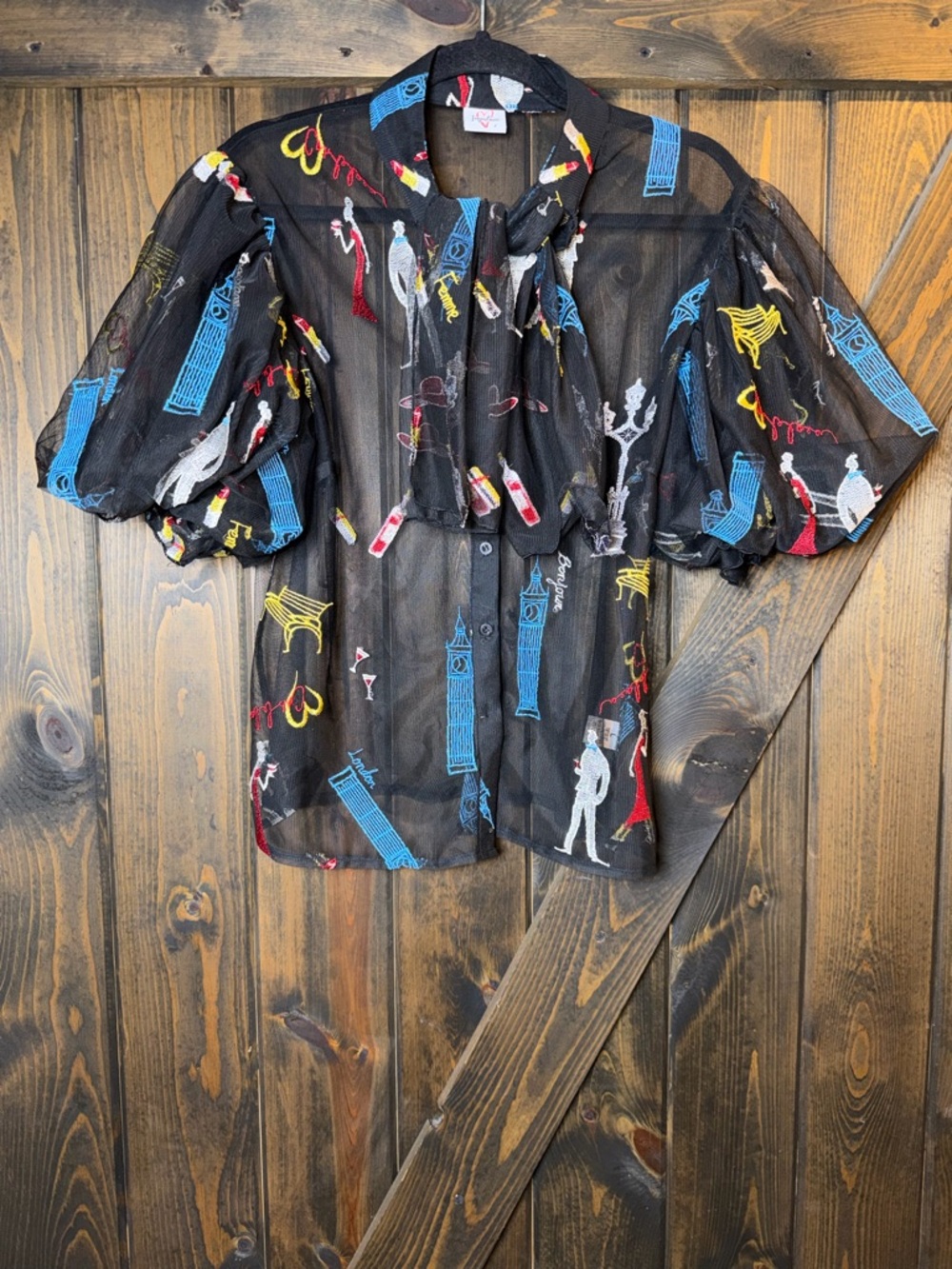 Sheer Black Novelty Print Puff Sleeve Blouse